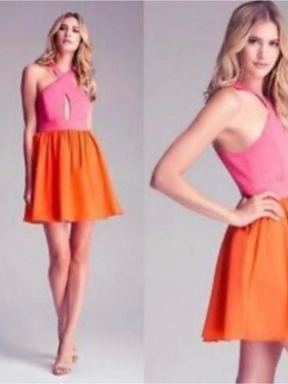 bebe Pink and Orange Colorblock Flare Dress